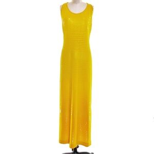 ST. JOHN COUTURE Vintage Canary Yellow Sequined Long Maxi Knit Gown Dress